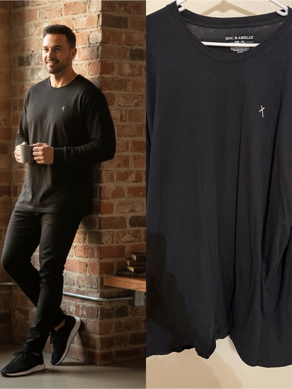 Doc & Amelia Black Long Sleeve Shirt 3XL Tall Cross Graphic Minimalist Tee